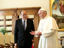 Former Philippine President Benigno Aquino III and His Holiness Pope Francis view the gifts at the Sala dei Papi of the Apostolic Palace during the Philippine president’s private audience with the pope in the Vatican on Dec. 04, 2015.